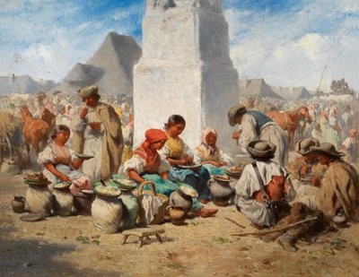 Marché à Szolnok avec la colonne de la Trinité - August von Pettenkofen